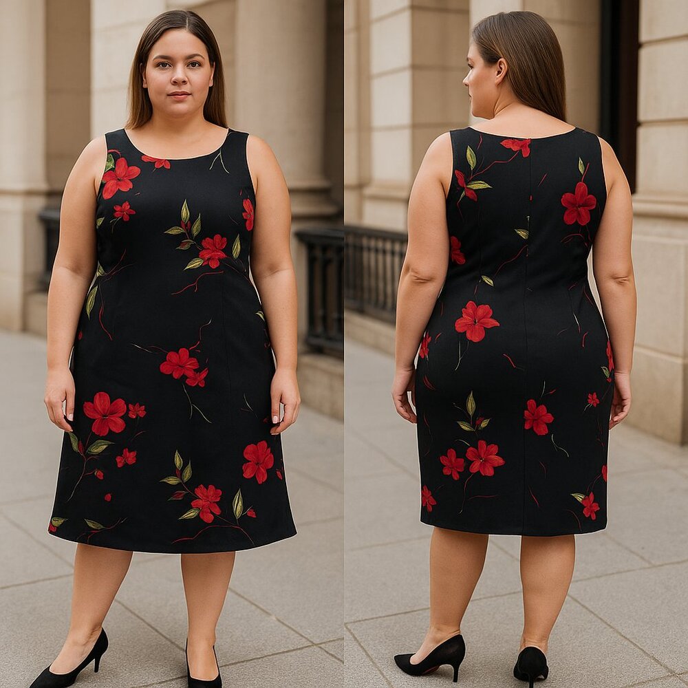 Studio I Petite Black Red Floral Sleeveless Sheath Dress size 14Pโ